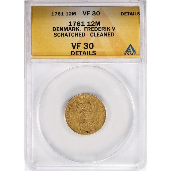 1761 Denmark Fredrik V 12 Mark Coin ANACS VF30 Details