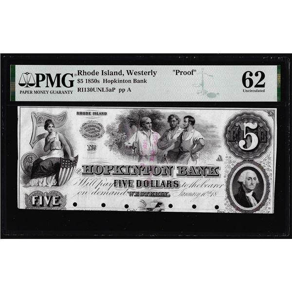 Proof 1800's $5 Hopkinton Bank Westerly, RI Obsolete Note PMG Choice Uncirculated 62