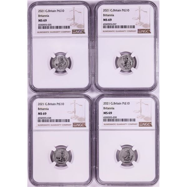Lot of (4) 2021 Great Britain 10 Pounds Britannia 1/10oz Platinum Coins NGC MS69