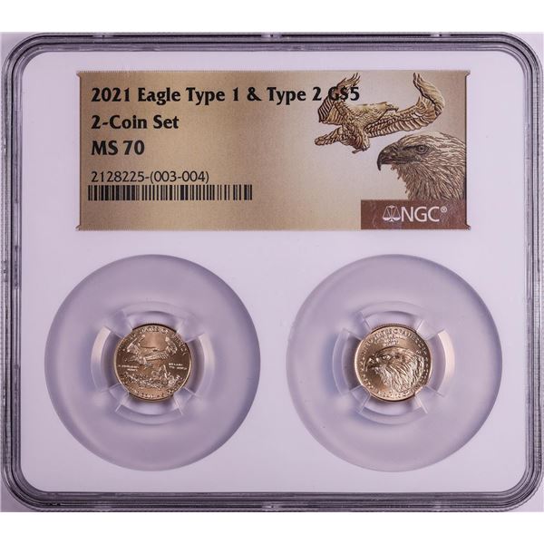Set of 2021 Type 1 & Type 2 $5 American Gold Eagle Coins NGC MS70