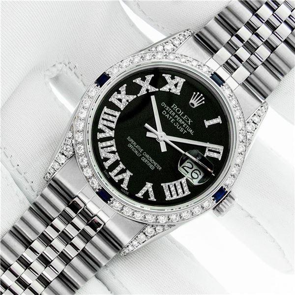 Rolex Men's Stainless Steel Black Roman Diamond & Sapphire Datejust Wristwatch