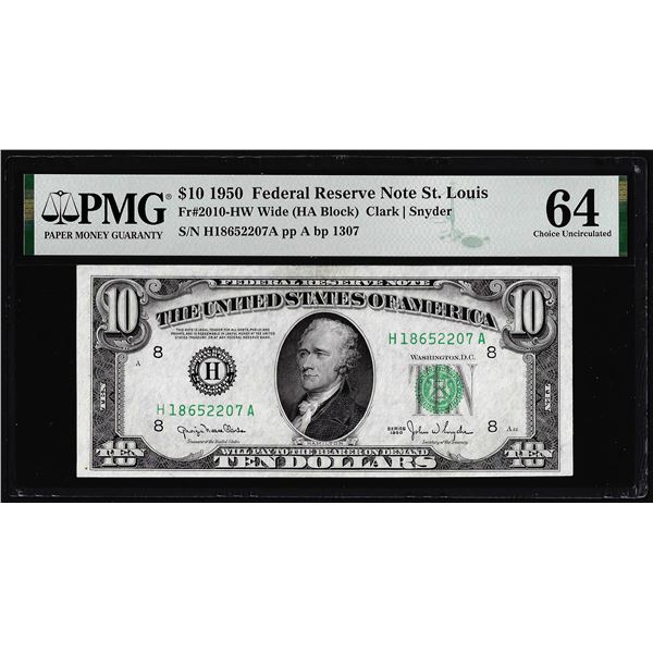 1950 $10 Federal Reserve Note St. Louis Fr.2010-HW PMG Choice Uncirculated 64EPQ