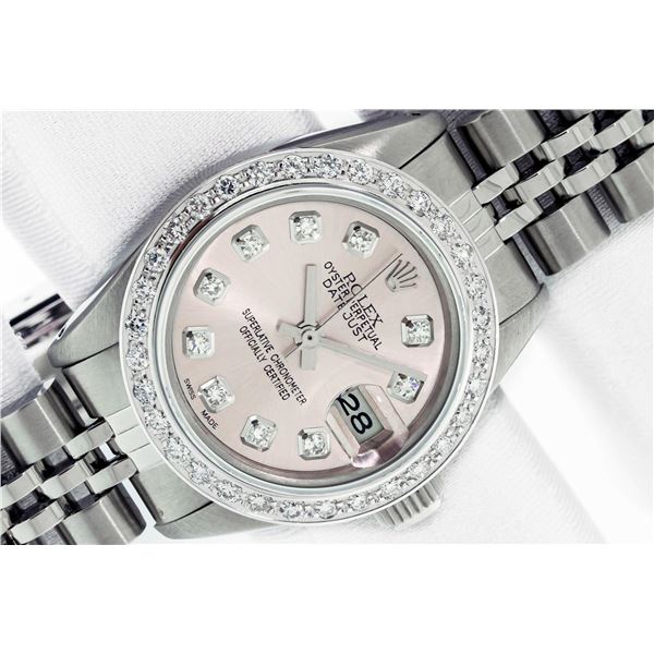 Rolex Ladies Stainless Steel Pink Diamond Datejust Wristwatch