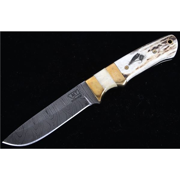 Stag Antler Fly Fishing Scrimshaw Damascus Knife