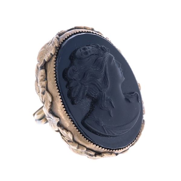 Antique Carved Onyx & Brass Cameo Ring