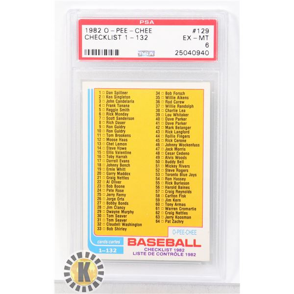 1982 O-PEE-CHEE CHECKLIST 1-132 PSA GRADED 6 CARD