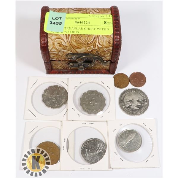 SMALL TREASURE CHEST WITH 8 VARIOUS COINS