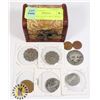 Image 1 : SMALL TREASURE CHEST WITH 8 VARIOUS COINS