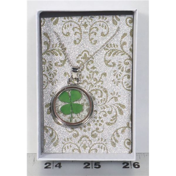 NEW ENCASED PAPER FOUR LEAF CLOVER SILVER TONED