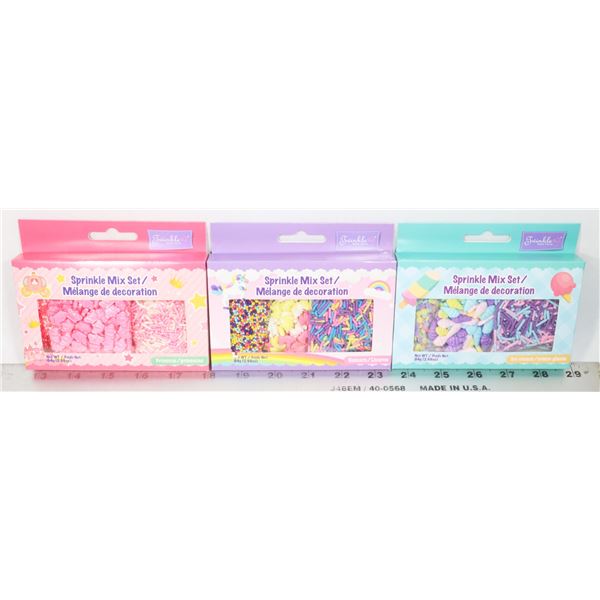 3 NEW PACKAGES OF SPRINKLE. ICE CREAM, UNICORN AND