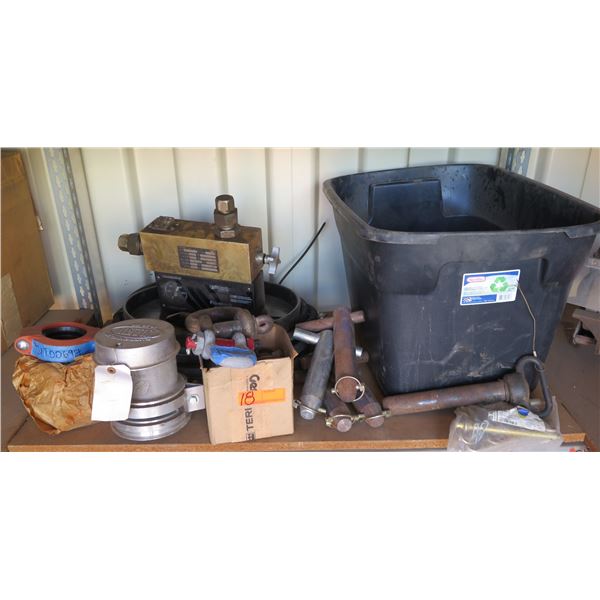 Plastic Bin w/ Shackles, Valve Cover, Parts, etc