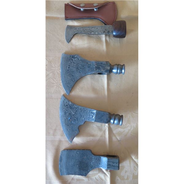 Qty 4 Metal Tomahawk Blades w/ Damascus Steel & 1 Sheath
