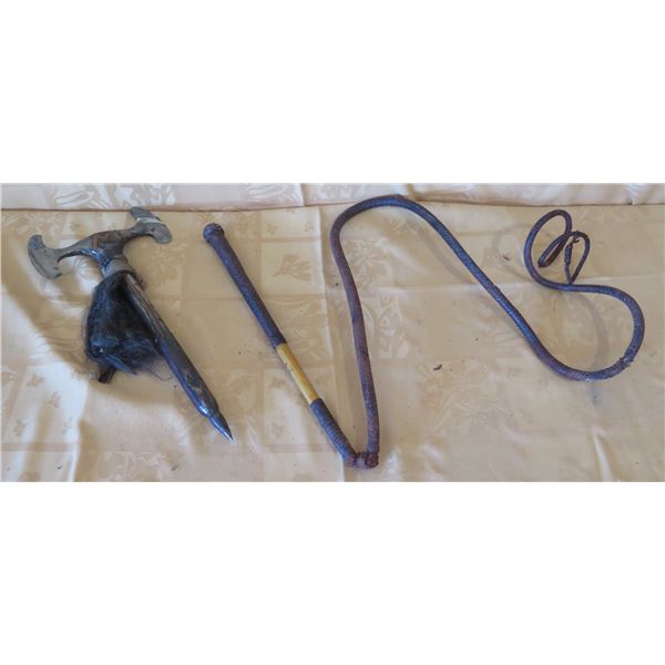 Double Blade Axe w/ Pointed Handle & "M" Marking 20"L & Corded Whip