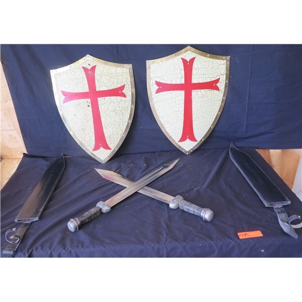 Qty 2 Vintage Metal Shields w/ Cross Design & 2 Bud K #BK388 Stainless Pakistan Knives