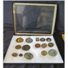 Image 1 : Qty Approx. 15 Medals & Coins:  Athletes, Counsel National de la Resistance, etc in Display Case 16"