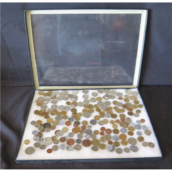 Multiple Coins: Leo 1/2/5, Deutschemark, 10 Pfenning, SVF Rice, Centavo, etc in Display Case 16"L