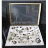 Image 1 : Multiple Rings, Pins, Brooches & Metal Pieces: Flowers, Nails, Stars, etc in Display Case 16"L