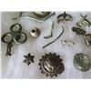 Image 5 : Multiple Rings, Pins, Brooches & Metal Pieces: Flowers, Nails, Stars, etc in Display Case 16"L