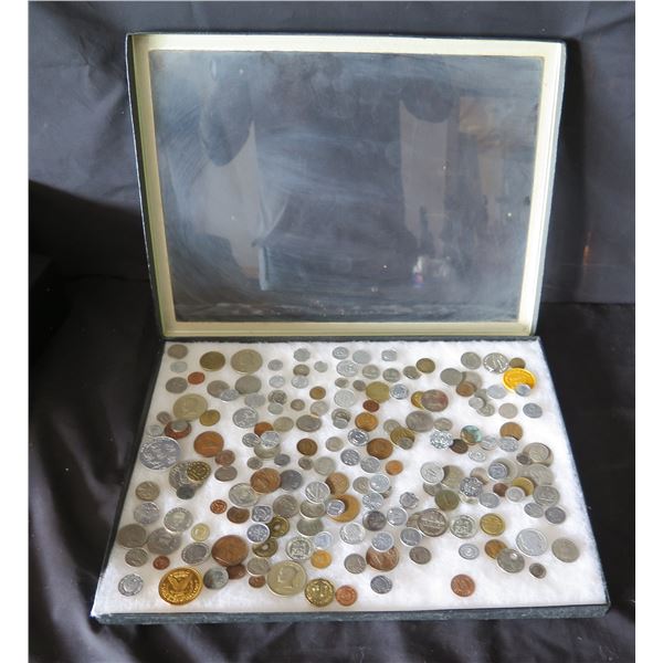 Multiple Coins:  Piso, Jamaica, Country Boy, Bank Indonesia, Singapore, etc in Display Case 16"L