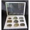 Image 1 : Qty 9 Belt Buckles: US Shooting Team, National Rodeo, Lawmen, etc in Display Case 16"L