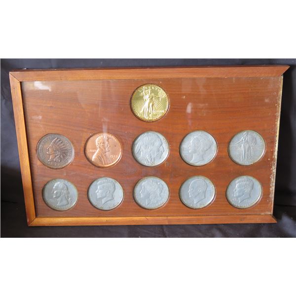 Wooden Display Case w/ 11 Giant Replica Coins: Liberty MCMVII, 1877 Indian Head, Kennedy, etc