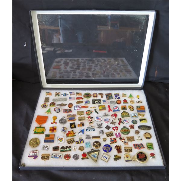Multiple Pins & Medals: Flags, Ribbons, Cartoon Characters, Playboy, etc in Display Case 16"L