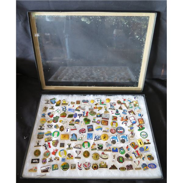 Multiple Pins & Medals: Characters, Animals, Sports, Awards, etc in Display Case 16"L
