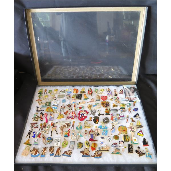 Multiple Pins & Medals: Characters, Animals, Ladies, Sports, etc in Display Case 16"L