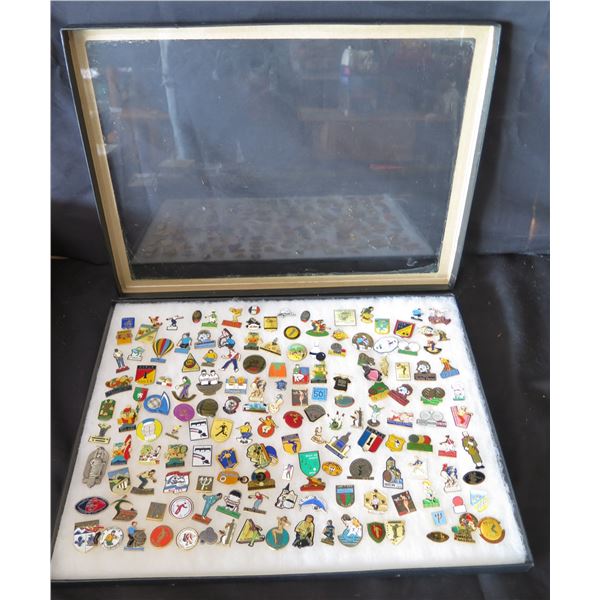 Multiple Pins & Medals: Balloons, Countries, Sports, Characters, etc in Display Case 16"L