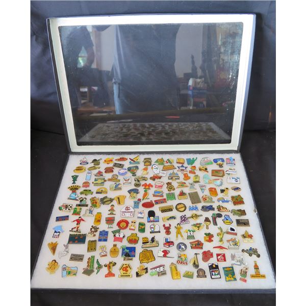 Multiple Pins & Medals: Cities, Cars, Sports, Food, Music, etc in Display Case 16"L