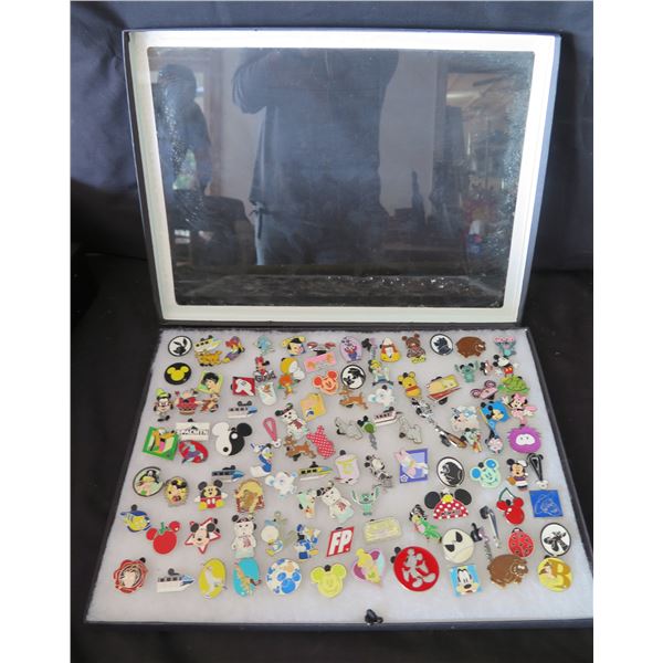 Multiple Pins & Medals: Cartoon Characters, Animals, Disney, etc in Display Case 16"L