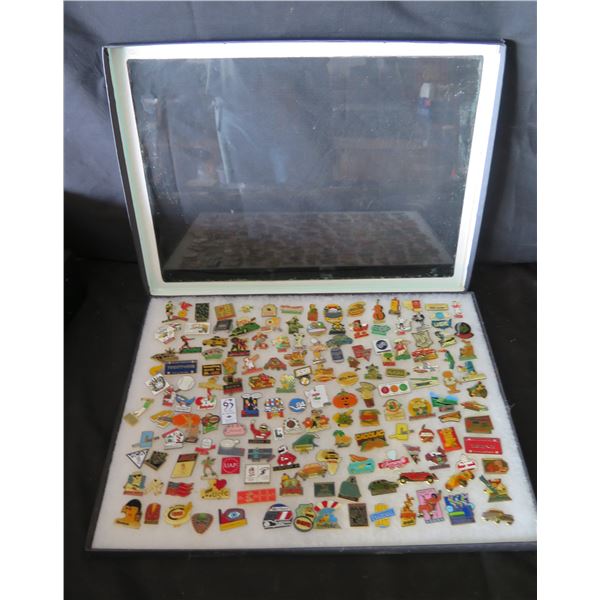 Multiple Pins & Medals: Places, Music, Animals, Sports, etc in Display Case 16"L