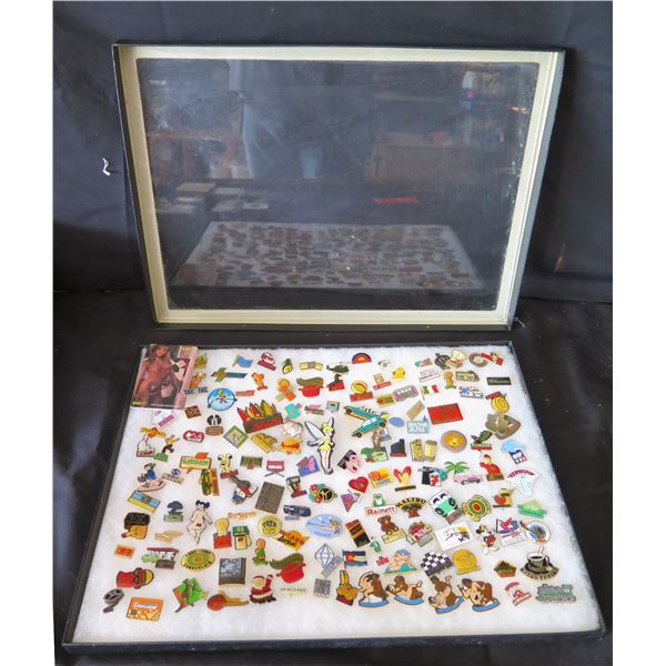Multiple Pins & Medals: Characters, Animals, Sports, Food, etc in Display Case 16"L