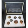 Image 1 : Qty 7 Medals & Coins: La Petanque, Jean Moulin, Olympics, etc, in Display Case 16"L
