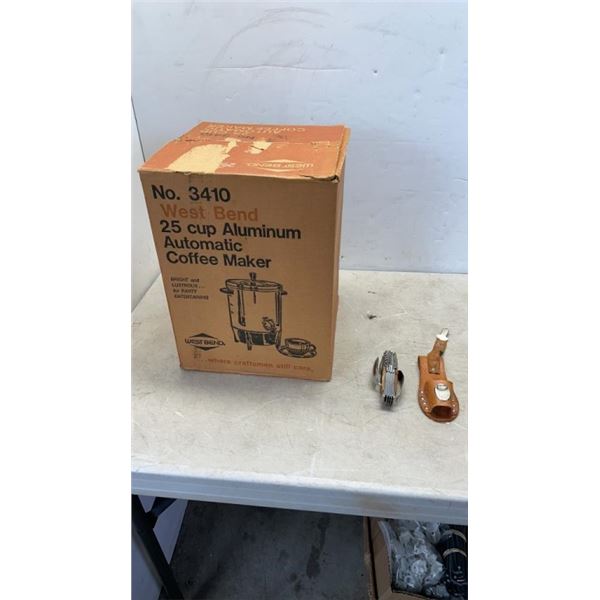 25 CUP COFFEE URN AND VINTAGE MULTITOOL WITH LEATHER POUCH