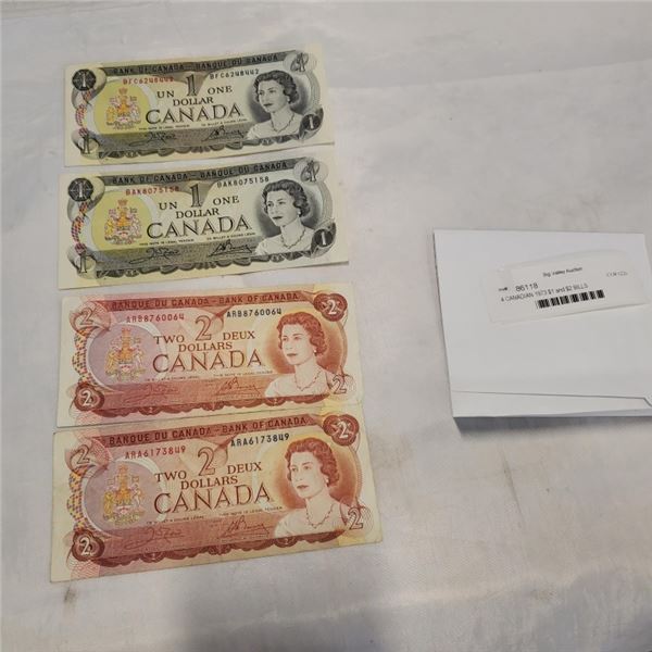 4 CANADIAN 1973 $1 and $2 BILLS