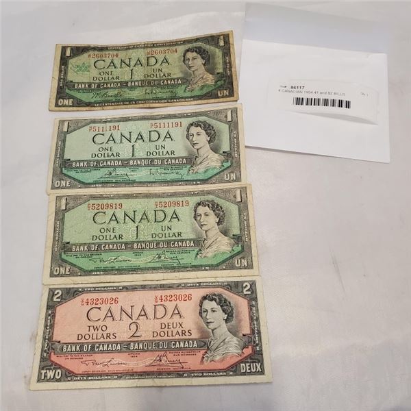 4 CANADIAN 1954 $1 and $2 BILLS