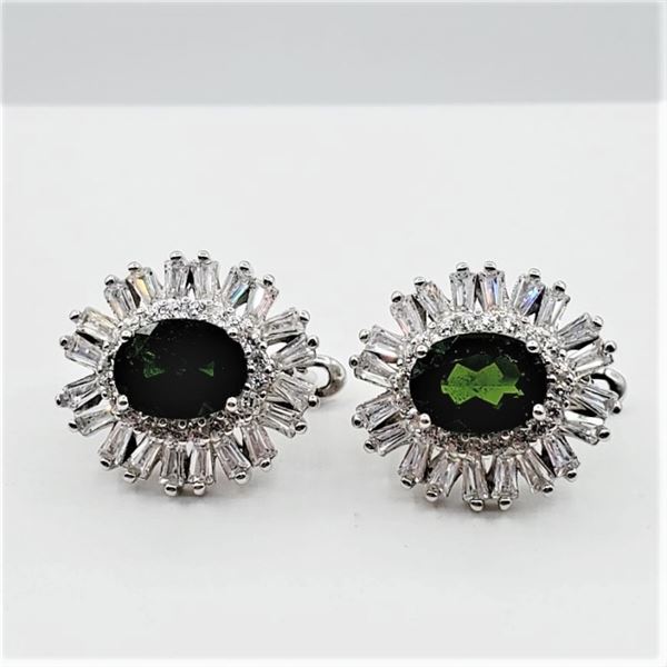 NEW STERLING SILVER 8.17MM X 5.96MM GENUINE CHROME DIOPSIDE (2.62CTS) & CZ EARRINGS, W/A $955.00