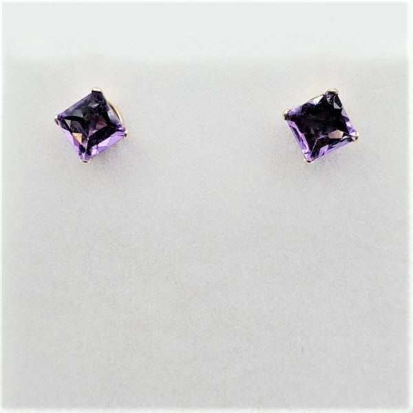 14KT. YELLOW GOLD 4MM X 4MM NATURAL AMETHYST EARRINGS, 0.60CTS, W/A $635.00