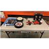 Image 1 : NASCAR CLOCK, WALL MOUNT CLOCK AND TRAY OF CORKSCREW BOTTLE OPENERS, RACECAR FIGURE AND TIGER SPEAKE