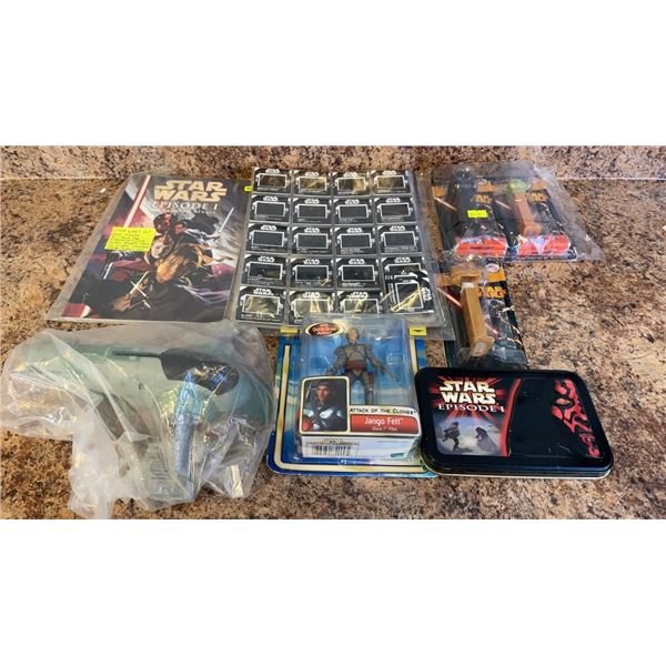 STAR WARS LOT - 2002 JANGO FETT FIGURE, 3 PEZ, 2 DECKS OF CARDS, GRAPHIC NOVEL, 20 SLIDES, FLASHBACK