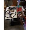 Image 1 : VINTAGE CHEVROLET STEERING WHEEL, DIE CAST METAL CAR SET AND TRAY OF CAR COLLECTIBLES, VEHICLE BADGE