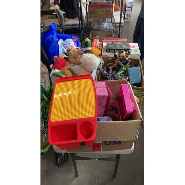 4 BOXES OF KIDS TOYS, COSTUMES, PUZZLES, ACTION FIGURES, STUFFED ANIMALS, DOG TOYS