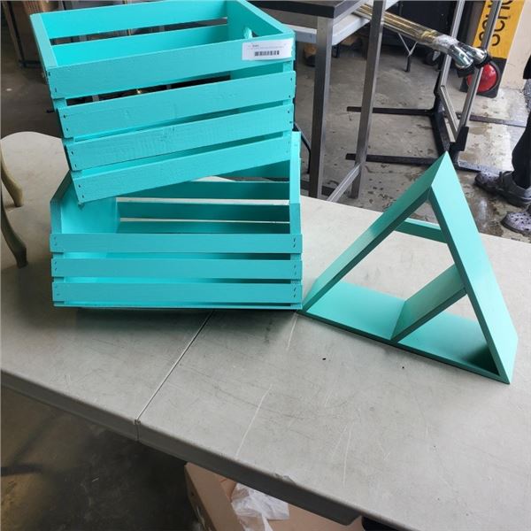 2 CYAN PLANTERS AND DESIGNER SHELF