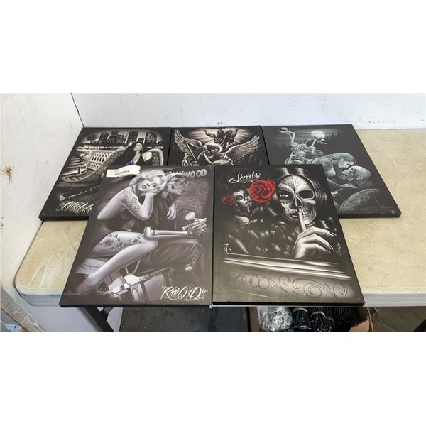 5 CANVAS PRINTS - MOTORCYCLE, TATTOO AND ANGEL
