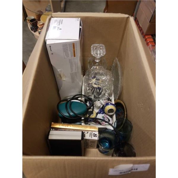 BOX OF ESTATE GOODS, DVDS, XBOX KINECT, MINIATURE VASES AND FLORALS, CRYSTAL DECANTER