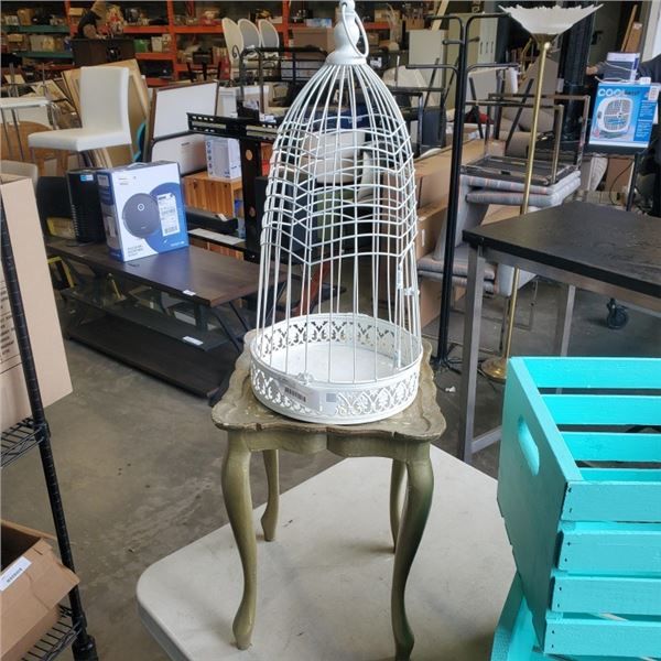 METAL BIRDCAGE AND VINTAGE STAND