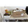 Image 1 : BOX OF HINGE PIN DOOR STOPS, FACE MASKS, VINTAGE SHOE BRUSH, CRAYOLA TINS