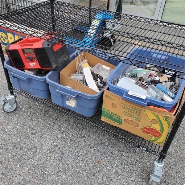 MILWAUKEE JOBSITE RADIO WORKING WITH 3 TOTES AND BOX OF SHOP SUPPLIES