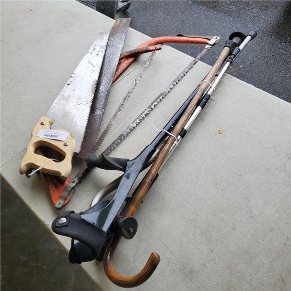 LOT OF SAWS WITH CANES AND WALKING STICKS